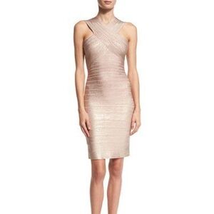 Herve Leger Gold Ribbed One Shoulder Cocktail Dress